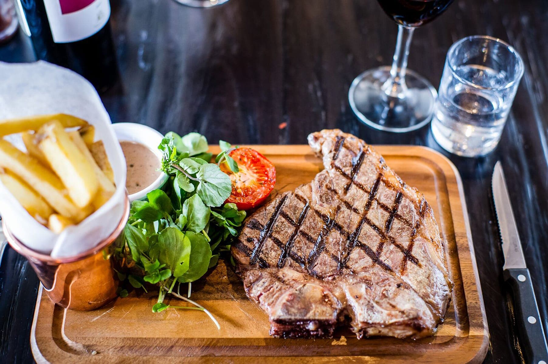 Steak on a board at The Varsity Cambridge